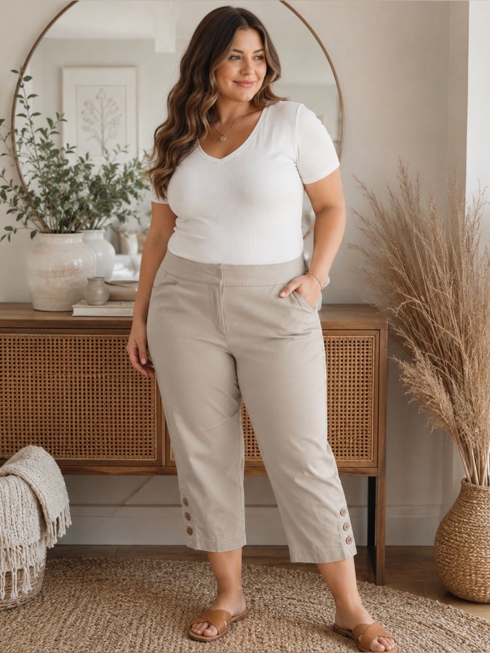 Briggs New York Beige Stretch Capri Pants Women’s Size 12 Button Hem Casual